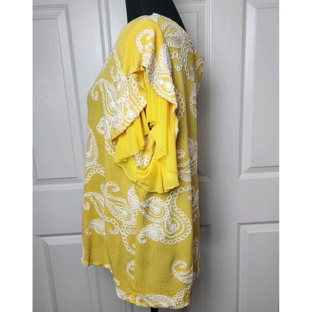 Forgotten Grace 1X Yellow Paisley Embroidered Ruffle Mesh Flowy Boho Top Shirt - Picture 4 of 11